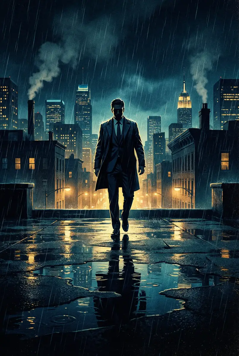 华夏战龙 出品影片《雨夜独行者》海报，雨中城市屋顶男性剪影